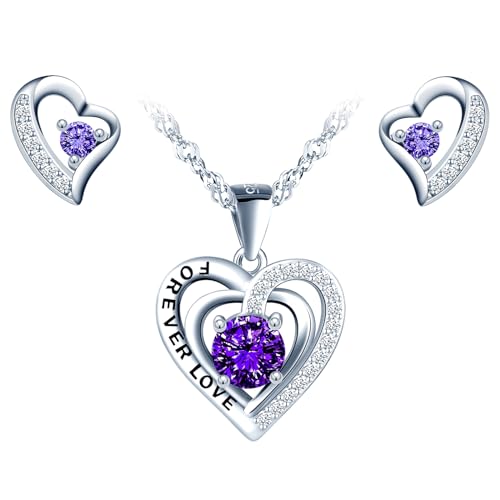 MICSAVI Ohrringe Halskette Herz 925 Sterling Silber Forever Love Herz Schmuck Set Mit Zirkonia Weiß Blau Rosa Lila Herz Anhänger für Damen Mädchen Schmuck Geschenke für Frauen Freundin Mama von MICSAVI