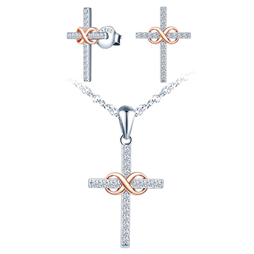 MICSAVI Kreuz & Unendlichkeit Set/Anhänger Halskette/Ohrringe für Damen, Silber 925 mit Infinity Symbol Rose vergoldet, mit AAA Zirkonia Schmuckset für Frauen Mädchen von MICSAVI