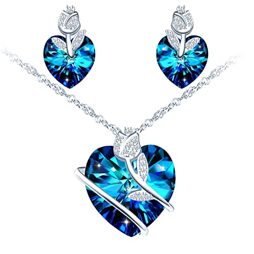 MICSAVI Kristall Kette und Ohrringe Damen Schmuckset Blau Herz Anhänger mit Rose Halskette Silber 925 Herzkette Ohrstecker Schmuck Für Frauen Frau Mutter Freundin von MICSAVI
