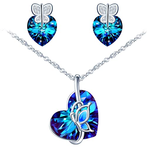 MICSAVI Schmetterling Halskette und Ohrringe Set Herz Kette Ohrringe mit Schmetterling aus 925 Sterling Silber und Kristall Schmuckset Für Frauen Mädchen Frau Mutter Freundin von MICSAVI