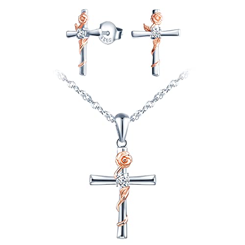 MICSAVI Damen Silber 925 Kreuz mit Rose Blume Set/Anhänger Halskette/Ohrringe, Silber Rosen Kette/Ohrstecker mit AAA Zirkonia Schmuckset für Frauen Mädchen von MICSAVI