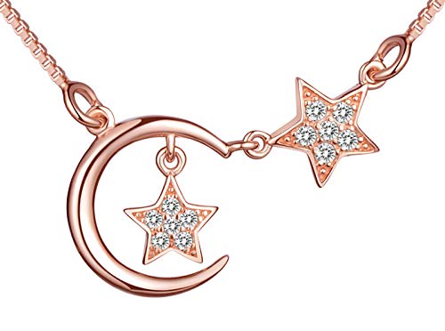 MICSAVI Stern und Mond Kette Damen 925 Sterling Silber Halbmond mit Doppelstern Halskette für Frauen & Mädchen von MICSAVI