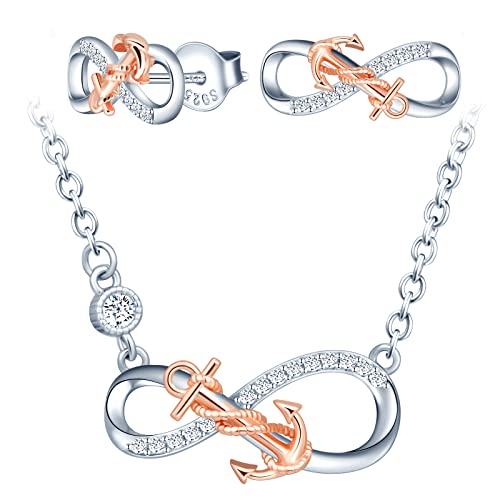 MICSAVI Unendlichkeit Anker Halskette Ohrringe Set Damen 925 Sterling Silber Infinity Anhänger Kette Anker Ohrstecker Schmuckset für Frauen Mädchen von MICSAVI