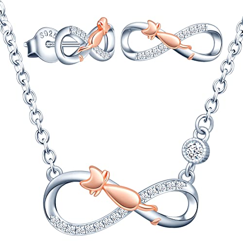 MICSAVI Unendlichkeit Symbol mit Kätzchen Set Damen 925 Sterling Silber Halskette und Ohrringe Infinity Anhänger Kette Katze Ohrstecker Schmuckset für Frauen Mädchen von MICSAVI