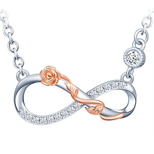 MICSAVI Unendlichkeit & Rose Blume Halskette Ohrringe Set Damen 925 Sterling Silber mit Zirkonia Rosen Anhänger Kette Ohrstecker Infinity Schmuckset für Frauen Mädchen Jahrestag Valentinstag Muttertag von MICSAVI