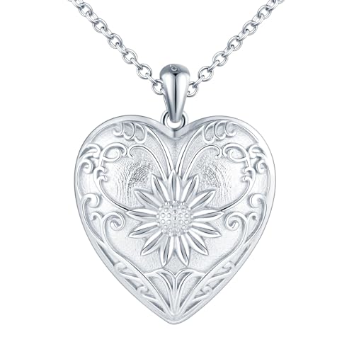 MICYUMI Damen Herz Foto Medaillon Anhänger 925 Sterling Silber Kette Sonnen Blume Muster Halskette von MICYUMI