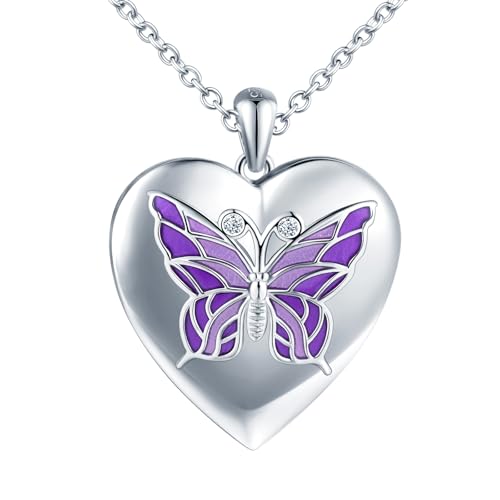 MICYUMI Damen Herz Foto Medaillon Halskette 925 Sterling Silber Herz Kette Schmetterling Muster Anhänger von MICYUMI