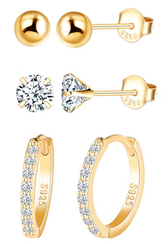 MICYUMI S925 Sterling Silber Ohrringe für Frauen Männer 3 Paar Ohrringe Set Kubische Zirkonia-Ohrringe Kugel-Ohrstecker Creolen Ohrringe von MICYUMI