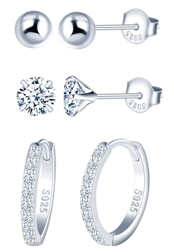 MICYUMI S925 Sterling Silber Ohrringe für Frauen Männer 3 Paar Ohrringe Set Kubische Zirkonia-Ohrringe Kugel-Ohrstecker Creolen Ohrringe von MICYUMI