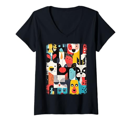 Damen Retro Mid-Century Modern Hunde 50er 60er Jahre Stil T-Shirt mit V-Ausschnitt von MID CENTURY ART DESIGN Outfits für Kunstliebhaber