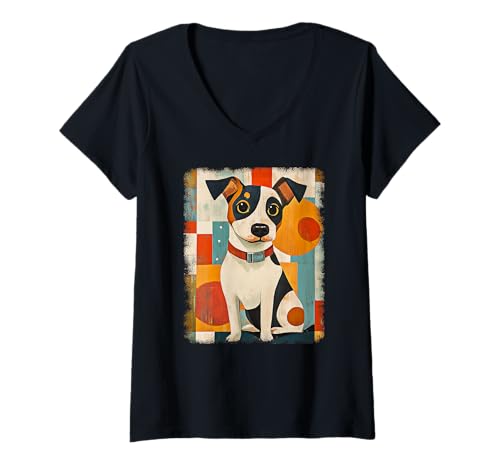 Damen Retro Mid-Century Modern Hunde 50er 60er Jahre Stil T-Shirt mit V-Ausschnitt von MID CENTURY ART DESIGN Outfits für Kunstliebhaber