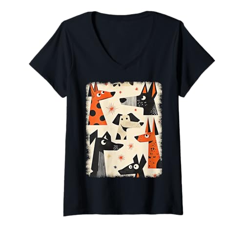 Damen Retro Mid-Century Modern Hunde 50er 60er Jahre Stil T-Shirt mit V-Ausschnitt von MID CENTURY ART DESIGN Outfits für Kunstliebhaber