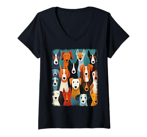 Damen Retro Mid-Century Modern Hunde 50er 60er Jahre Stil T-Shirt mit V-Ausschnitt von MID CENTURY ART DESIGN Outfits für Kunstliebhaber