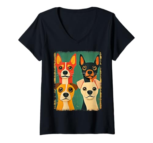 Damen Retro Mid-Century Modern Hunde 50er 60er Jahre Stil T-Shirt mit V-Ausschnitt von MID CENTURY ART DESIGN Outfits für Kunstliebhaber