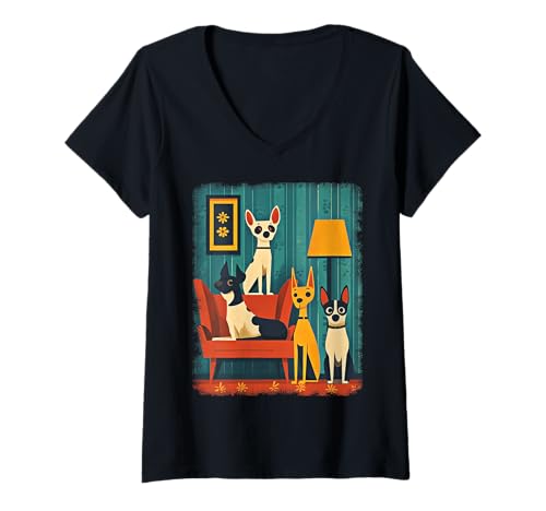Damen Retro Mid-Century Modern Hunde 50er 60er Jahre Stil T-Shirt mit V-Ausschnitt von MID CENTURY ART DESIGN Outfits für Kunstliebhaber