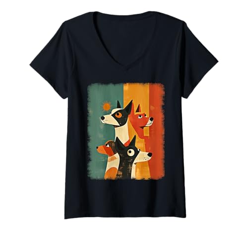 Damen Retro Mid-Century Modern Hunde 50er 60er Jahre Stil T-Shirt mit V-Ausschnitt von MID CENTURY ART DESIGN Outfits für Kunstliebhaber