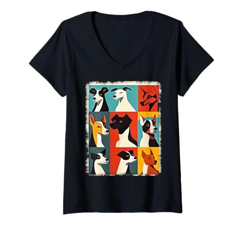 Damen Retro Mid-Century Modern Hunde 50er 60er Jahre Stil T-Shirt mit V-Ausschnitt von MID CENTURY ART DESIGN Outfits für Kunstliebhaber