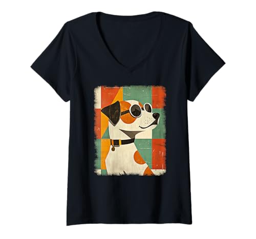 Damen Retro Mid-Century Modern Hunde 50er 60er Jahre Stil T-Shirt mit V-Ausschnitt von MID CENTURY ART DESIGN Outfits für Kunstliebhaber