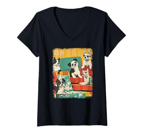 Damen Retro Mid-Century Modern Hunde 50er 60er Jahre Stil T-Shirt mit V-Ausschnitt von MID CENTURY ART DESIGN Outfits für Kunstliebhaber