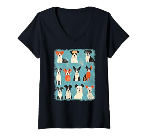 Damen Retro Mid-Century Modern Hunde 50er 60er Jahre Stil T-Shirt mit V-Ausschnitt von MID CENTURY ART DESIGN Outfits für Kunstliebhaber