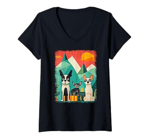 Damen Retro Mid-Century Modern Hunde 50er 60er Jahre Stil T-Shirt mit V-Ausschnitt von MID CENTURY ART DESIGN Outfits für Kunstliebhaber