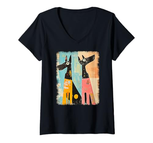 Damen Retro Mid-Century Modern Hunde 50er 60er Jahre Stil T-Shirt mit V-Ausschnitt von MID CENTURY ART DESIGN Outfits für Kunstliebhaber