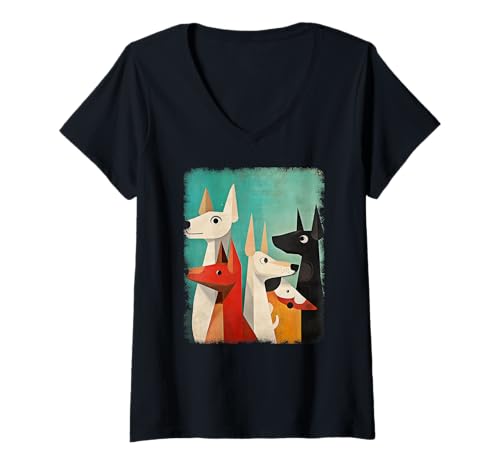 Damen Retro Mid-Century Modern Hunde 50er 60er Jahre Stil T-Shirt mit V-Ausschnitt von MID CENTURY ART DESIGN Outfits für Kunstliebhaber
