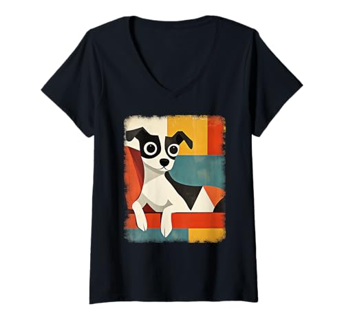 Damen Retro Mid-Century Modern Hunde 50er 60er Jahre Stil T-Shirt mit V-Ausschnitt von MID CENTURY ART DESIGN Outfits für Kunstliebhaber