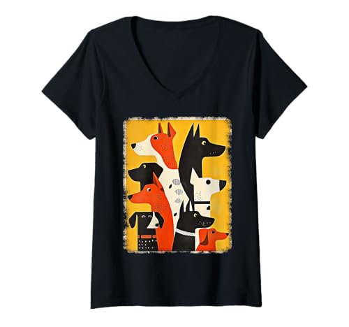 Damen Retro Mid-Century Modern Hunde 50er 60er Jahre Stil T-Shirt mit V-Ausschnitt von MID CENTURY ART DESIGN Outfits für Kunstliebhaber