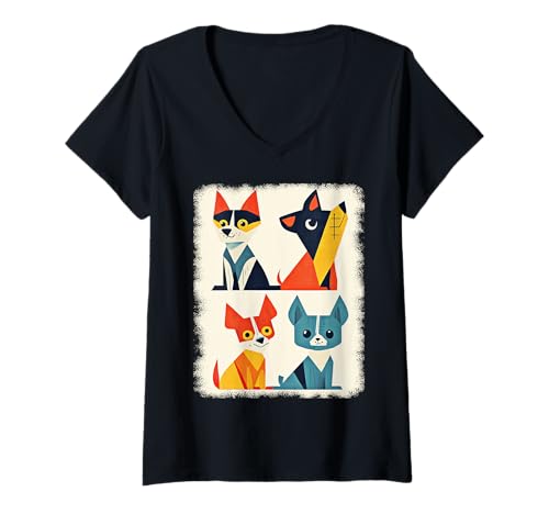 Damen Retro Mid-Century Modern Hunde 50er 60er Jahre Stil T-Shirt mit V-Ausschnitt von MID CENTURY ART DESIGN Outfits für Kunstliebhaber