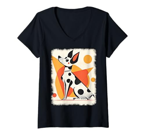 Damen Retro Mid-Century Modern Hunde 50er 60er Jahre Stil T-Shirt mit V-Ausschnitt von MID CENTURY ART DESIGN Outfits für Kunstliebhaber