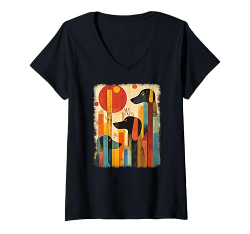 Damen Retro Mid-Century Modern Hunde 50er 60er Jahre Stil T-Shirt mit V-Ausschnitt von MID CENTURY ART DESIGN Outfits für Kunstliebhaber