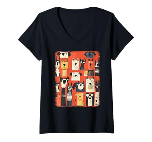 Damen Retro Mid-Century Modern Hunde 50er 60er Jahre Stil T-Shirt mit V-Ausschnitt von MID CENTURY ART DESIGN Outfits für Kunstliebhaber