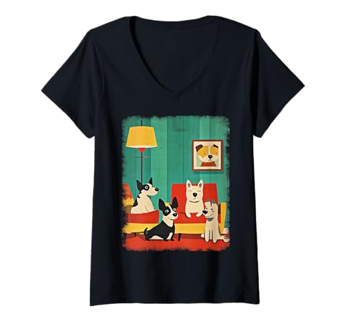 Damen Retro Mid-Century Modern Hunde 50er 60er Jahre Stil T-Shirt mit V-Ausschnitt von MID CENTURY ART DESIGN Outfits für Kunstliebhaber