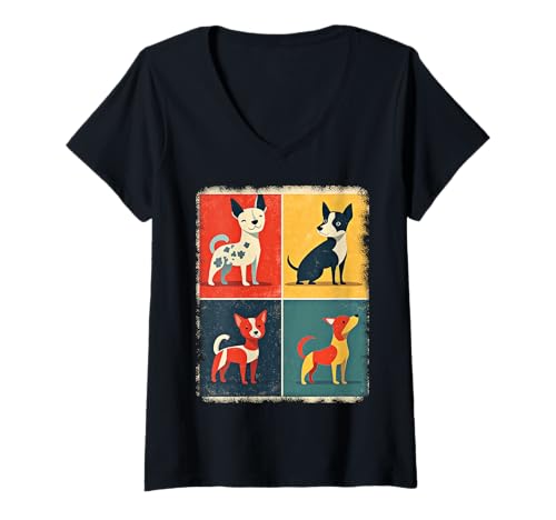 Damen Retro Mid-Century Modern Hunde 50er 60er Jahre Stil T-Shirt mit V-Ausschnitt von MID CENTURY ART DESIGN Outfits für Kunstliebhaber