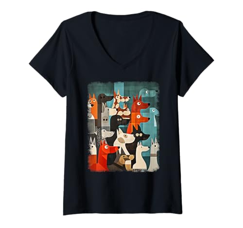 Damen Retro Mid-Century Modern Hunde 50er 60er Jahre Stil T-Shirt mit V-Ausschnitt von MID CENTURY ART DESIGN Outfits für Kunstliebhaber