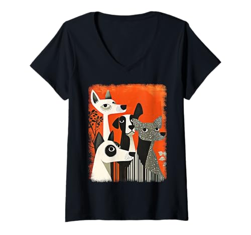 Damen Retro Mid-Century Modern Hunde 50er 60er Jahre Stil T-Shirt mit V-Ausschnitt von MID CENTURY ART DESIGN Outfits für Kunstliebhaber