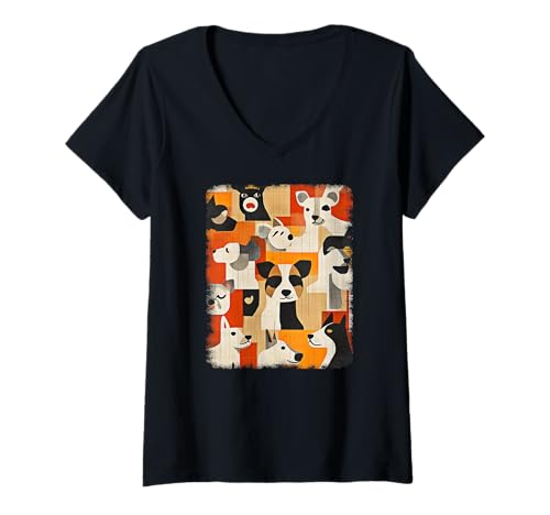 Damen Retro Mid-Century Modern Hunde 50er 60er Jahre Stil T-Shirt mit V-Ausschnitt von MID CENTURY ART DESIGN Outfits für Kunstliebhaber
