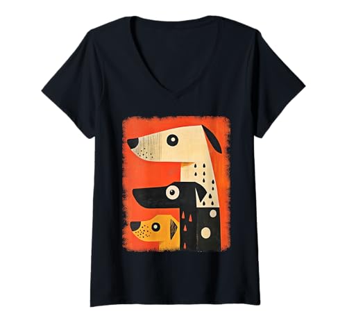 Damen Retro Mid-Century Modern Hunde 50er 60er Jahre Stil T-Shirt mit V-Ausschnitt von MID CENTURY ART DESIGN Outfits für Kunstliebhaber