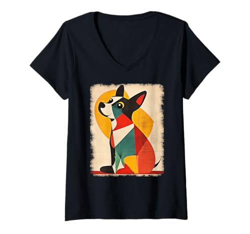 Damen Retro Mid-Century Modern Hunde 50er 60er Jahre Stil T-Shirt mit V-Ausschnitt von MID CENTURY ART DESIGN Outfits für Kunstliebhaber