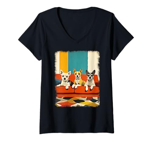 Damen Retro Mid-Century Modern Hunde 50er 60er Jahre Stil T-Shirt mit V-Ausschnitt von MID CENTURY ART DESIGN Outfits für Kunstliebhaber