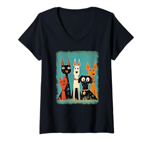 Damen Retro Mid-Century Modern Hunde 50er 60er Jahre Stil T-Shirt mit V-Ausschnitt von MID CENTURY ART DESIGN Outfits für Kunstliebhaber