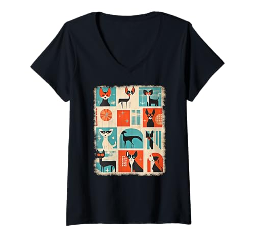 Damen Retro Mid-Century Modern Hunde 50er 60er Jahre Stil T-Shirt mit V-Ausschnitt von MID CENTURY ART DESIGN Outfits für Kunstliebhaber