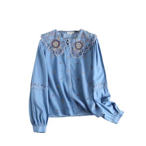 Bluse Damen Elegant，Elegantes Damen Jeanshemd Bluse Langarm Shirts Rüschen Blumenstickerei Pullover Tunika Business Jeanshemd Lässig Stehkragen Tops für Mädchen,Blau,L von MIDJ