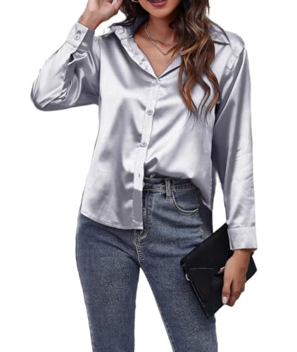 Damenhemden,Damen Satin Bluse Hemd Grau Langarm Vintage Mode Seidenhemden Business Hemd Mit Knopf Sexy Party Tops Lässige Arbeit Büro Bluse Für Mädchen Damen,S von MIDJ