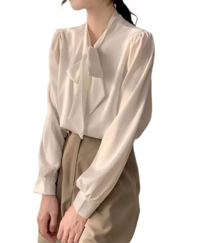 Damenkorsett Mit Langen Ärmeln,Damen Satin Seide Bluse Shirt Weiß V-Ausschnitt Schleife Langarm Mode Hemden Business Hemd Mit Knopf Sexy Party Tops Casual Arbeit Büro Bluse Für Mädchen Damen,L von MIDJ