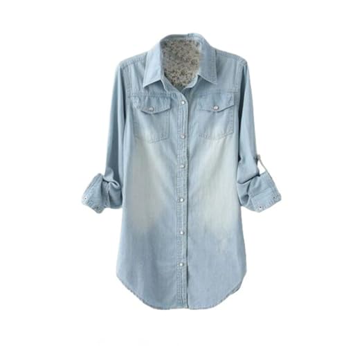 MIDJ Damenhemden,Lange Jeansblusen Für Damen Hemdärmel Lässige Knopfhemdjacke Hellblaue Tunika Mit Reverstasche Leichtes Jeans-Sweatshirt Für Mädchen L von MIDJ