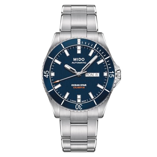 MIDO Ocean Star 200 – Schweizer Automatikuhr für Herren – 42,5 mm Edelstahlgehäuse – Tag-/Datumskalender – drehbare Lünette – 200 m wasserdicht, Blau auf Edelstahl, Taucheruhr von MIDO