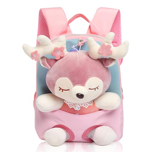 MIDSuN Kleiner Kinderrucksack,Abnehmbarer Plüsch Puppe Kindergartenrucksack,Hirsch Kindergarten Rucksack Kindertasche für 2-5 Jährige Kindergarten Junge und Mädchen (Rosa) von MIDSuN