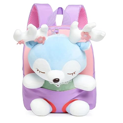 MIDSuN Kleiner Kinderrucksack,Abnehmbarer Plüsch Puppe Kindergartenrucksack,Hirsch Kindergarten Rucksack Kindertasche für 2-5 Jährige Kindergarten Junge und Mädchen (Violett) von MIDSuN